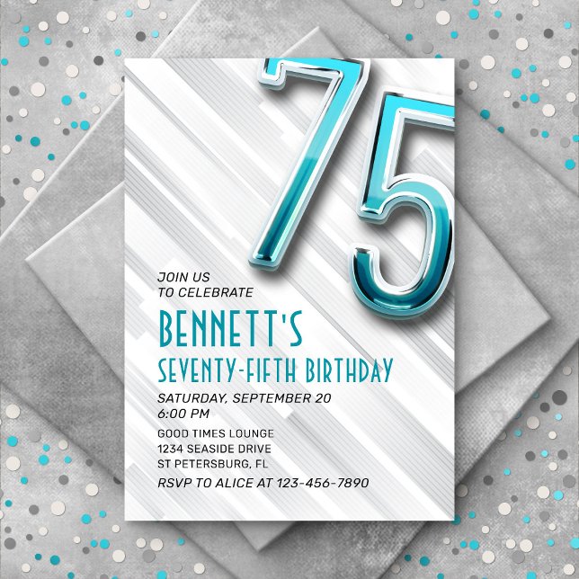 Modern Adult Teal 75th Birthday Invitation (Creator Uploaded)