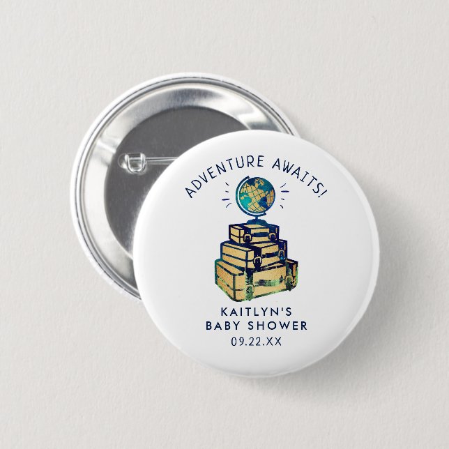 Modern Adventure Travel Globe Baby Shower 6 Cm Round Badge (Front & Back)