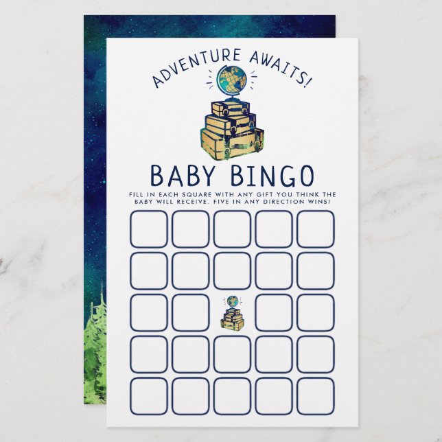 Modern Adventure Travel Globe Baby Shower Bingo (Front/Back)