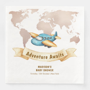 Modern Adventure World Map Airplane Baby Shower Napkin