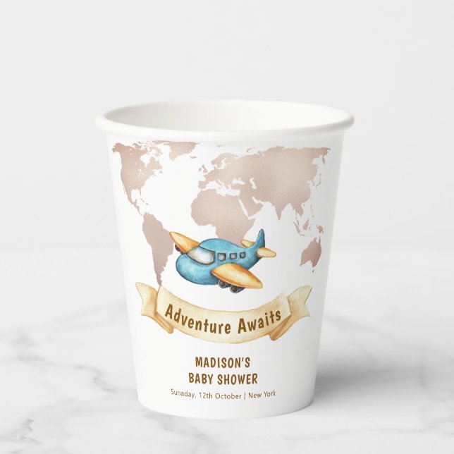 Modern Adventure World Map Airplane Baby Shower  Paper Cups (Front)