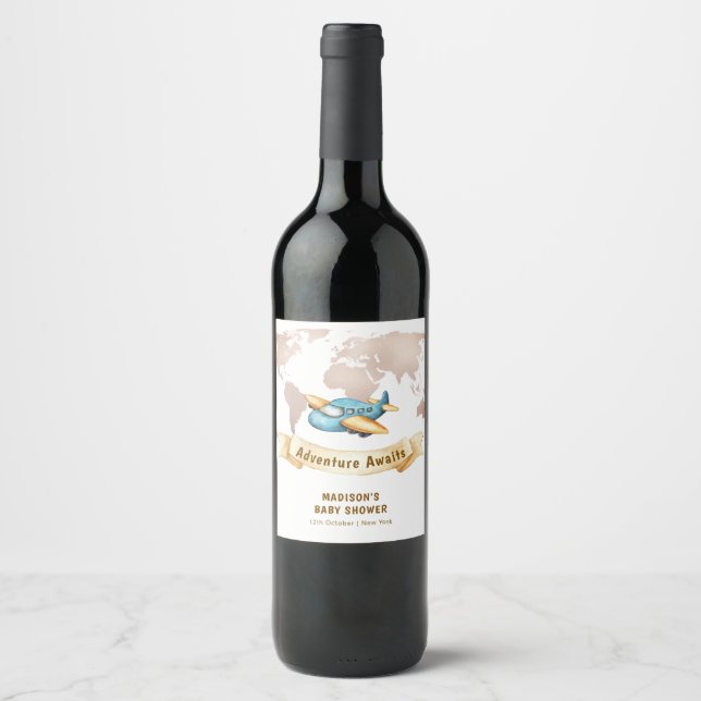 Modern Adventure World Map Airplane Baby Shower  Wine Label (Front)