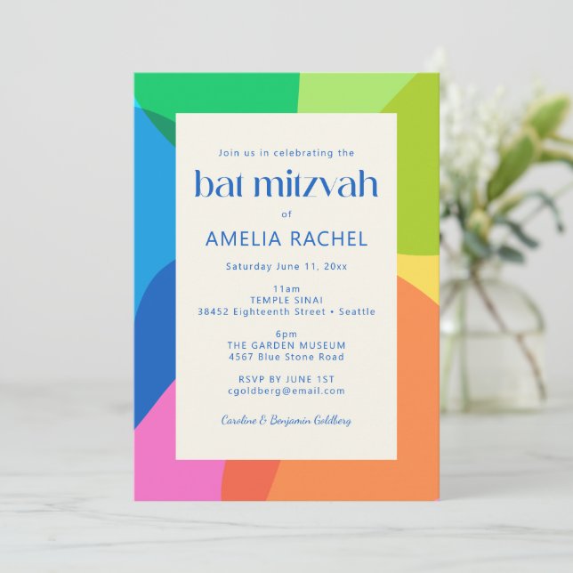 Modern Aesthetic Bat Mitzvah Colourful Geometric Invitation (Standing Front)