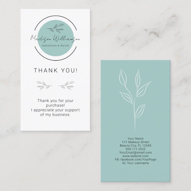 Modern Aesthetician Stylist Spa Customer Thank You Business Card (Front/Back)
