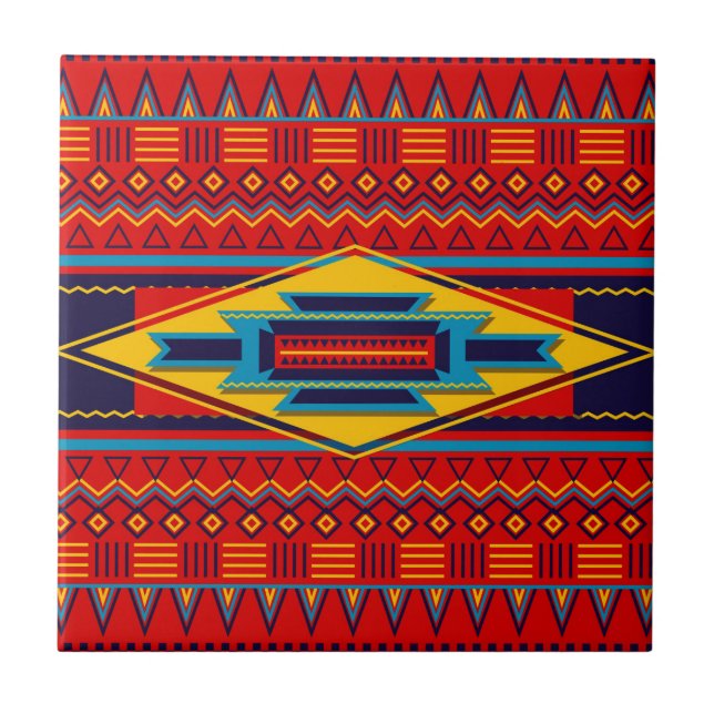 Modern African Art Gods Eye Pattern Red Yellow Tile (Front)