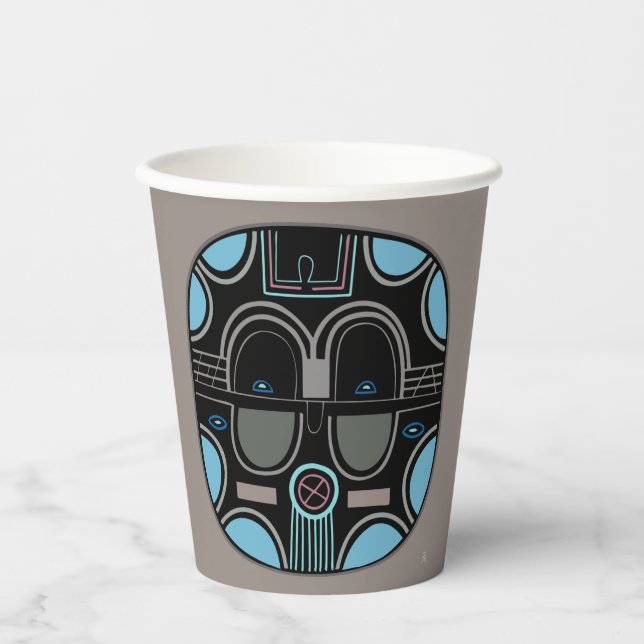Modern African Tribal Mask in Grey Blue Black Paper Cups (Front)
