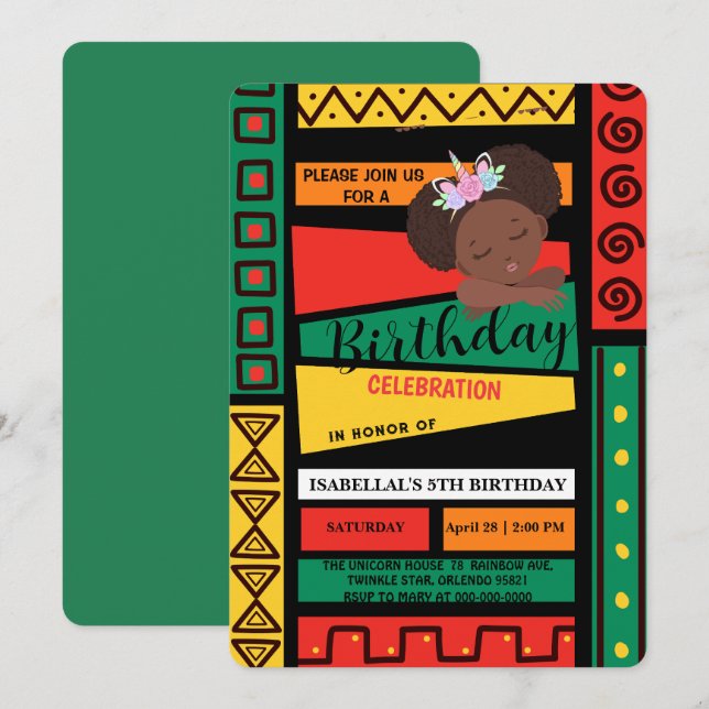 Modern afro African american girls Birthday party Invitation (Front/Back)