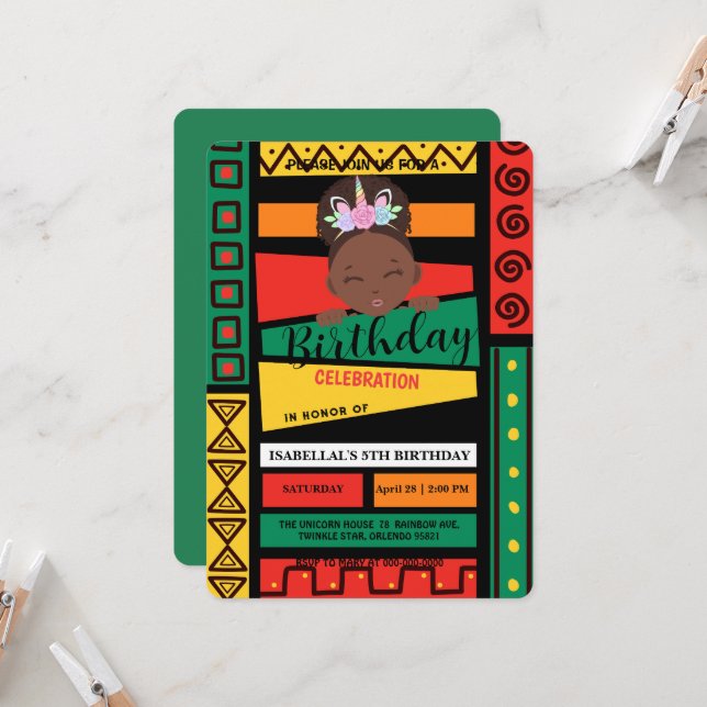 Modern afro African american girls Birthday party Invitation (Front/Back In Situ)