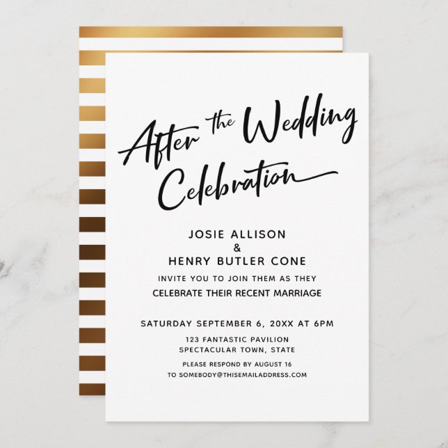 Modern After the Wedding Celebration Gold Stripes Invitation (Front/Back)