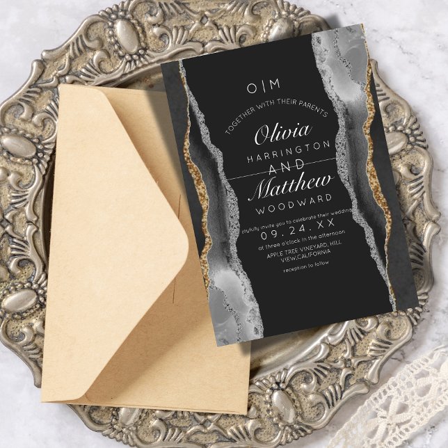  Modern Agate Black and White Silver Gold Wedding Invitation (Creator Uploaded)