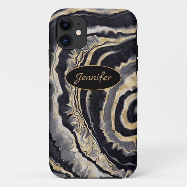 Modern Agate Black & Gold Crystal Personalise Case-Mate iPhone Case (Back)