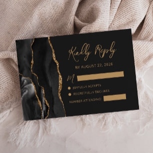 Modern Agate Black Gold Dark Wedding RSVP Card