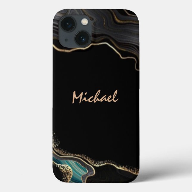 Modern Agate Black Gold Glitter Script Name  Case-Mate iPhone Case (Back)