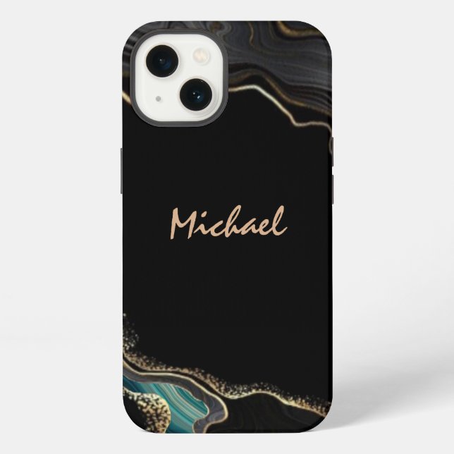 Modern Agate Black Gold Glitter Script Name  iPhone Case (Back)