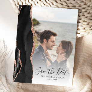 Modern Agate Black Rose Gold Save the Date Announcement Postcard