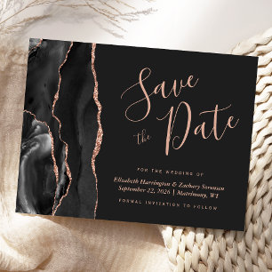 Modern Agate Black Rose Gold Save the Date Dark Announcement Postcard
