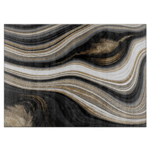 Modern agate black white and gold fluid marble  cutting board