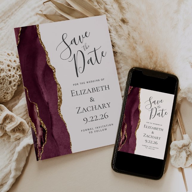Modern Agate Burgundy Gold Blush Save the Date Invitation (Creator Uploaded)