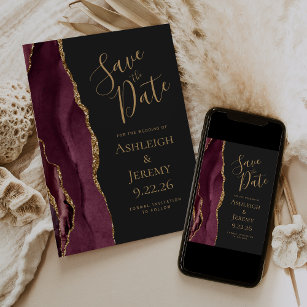 Modern Agate Burgundy Gold Dark Save the Date Card
