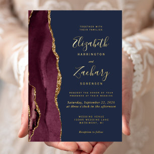 Modern Agate Burgundy Red Gold Navy Wedding