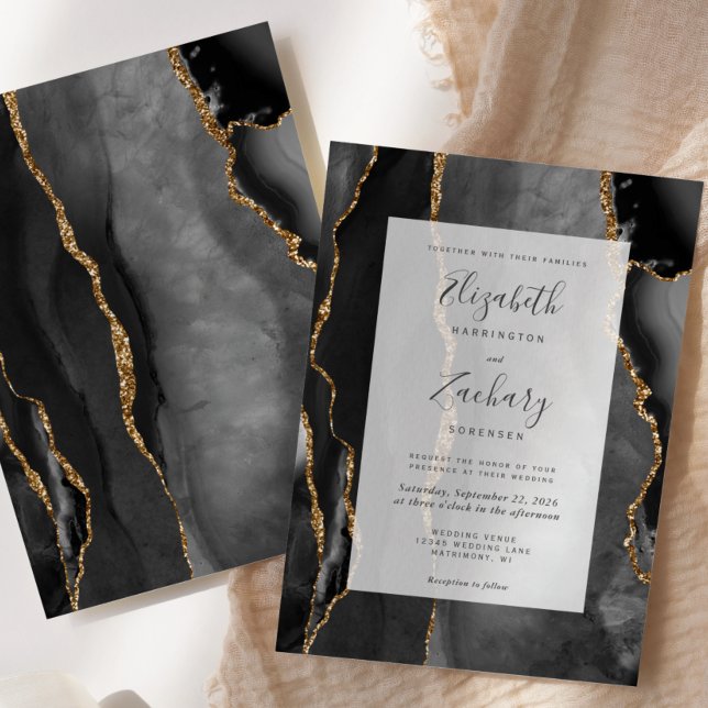 Modern Agate Frame Black Gold Wedding Invitation (Creator Uploaded)