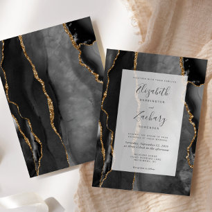 Modern Agate Frame Black Gold Wedding Invitation