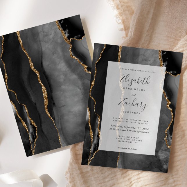 Modern Agate Frame Black Gold Wedding Invitation (Creator Uploaded)
