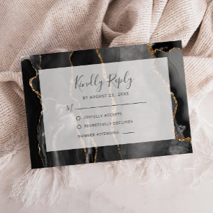 Modern Agate Frame Black Gold Wedding RSVP Card