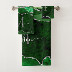 Modern Agate Geode Green Silver Monogram Script Bath Towel Set