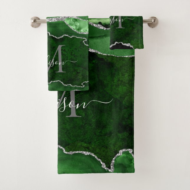 Modern Agate Geode Green Silver Monogram Script Bath Towel Set (Insitu)