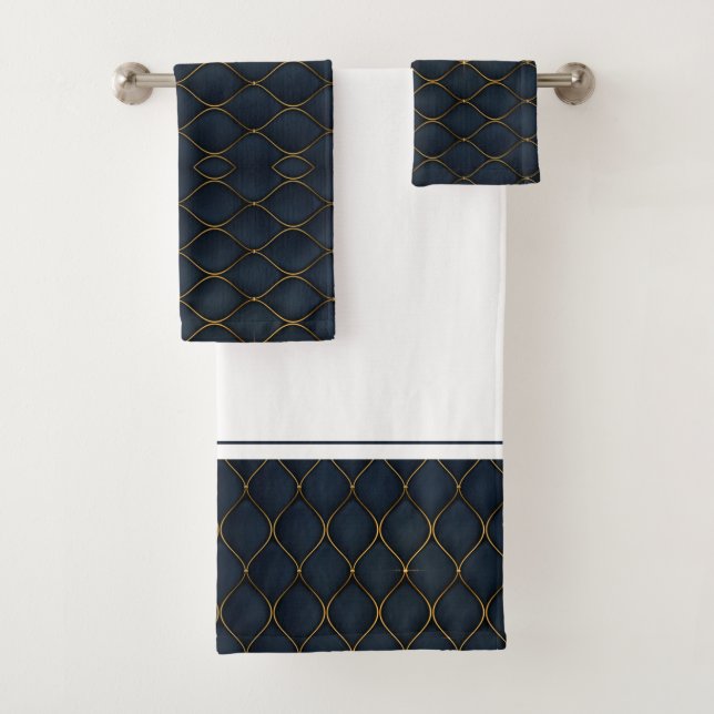 Modern Agate Geode Navy Blue Gold Monogram   Bath Towel Set (Insitu)