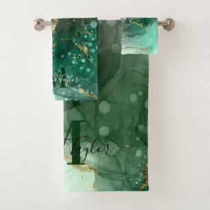 Modern Agate Geode Sea Green Gold Monogram Script  Bath Towel Set