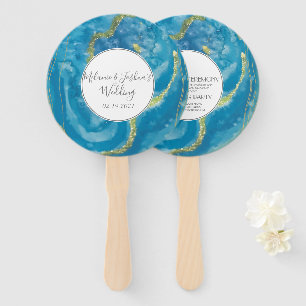 Modern Agate Geodes Crytal Blue Gold Wedding Round Hand Fan