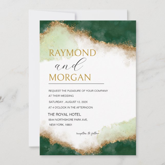 Modern Agate Green & Gold Luxury Wedding   Invitation (Front)