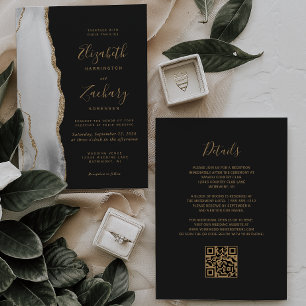 Modern Agate Grey White Gold Dark QR Code Wedding Invitation