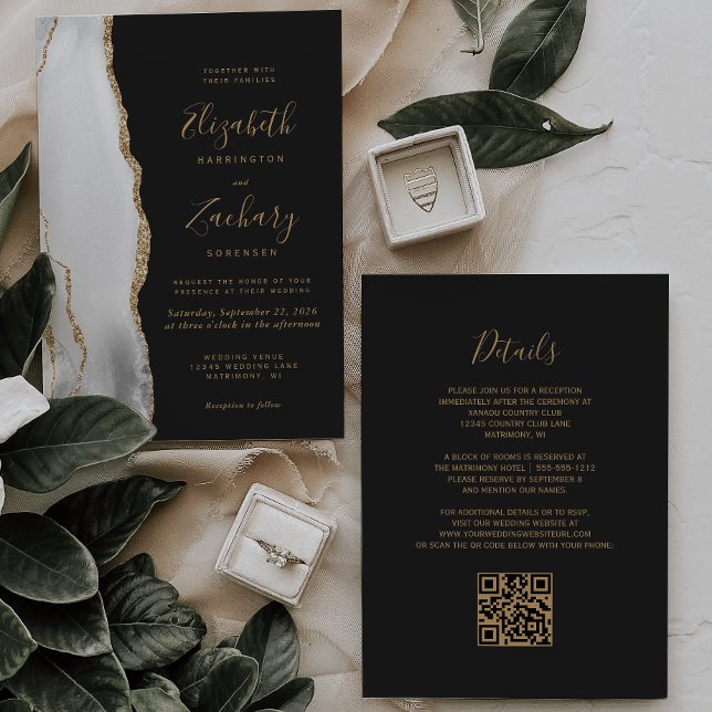 Modern Agate Grey White Gold Dark QR Code Wedding Invitation (Creator Uploaded)