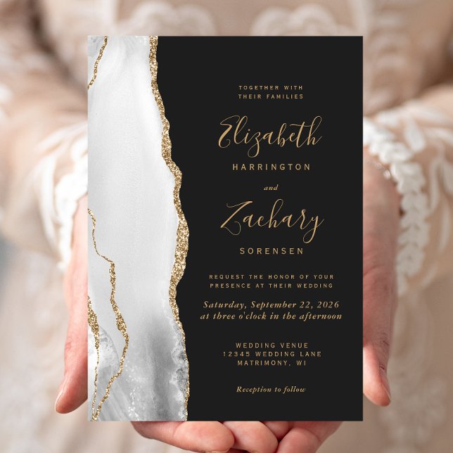 Modern Agate Grey White Gold Dark  Wedding Invitation (Creator Uploaded)