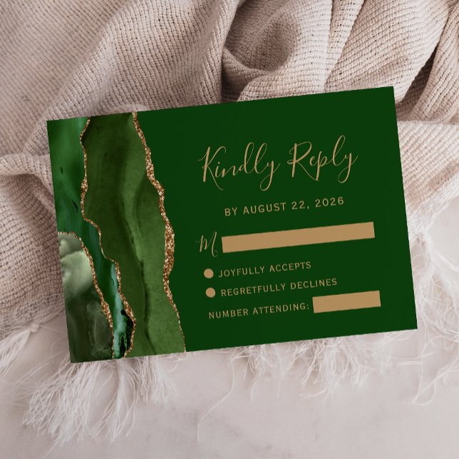 Modern Agate Hunter Green Gold Wedding RSVP Card (Creator Uploaded)