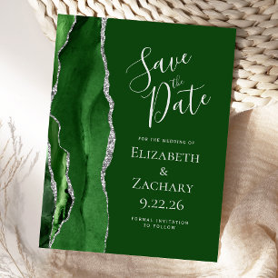 Modern Agate Hunter Green Silver Save the Date Announcement Postcard