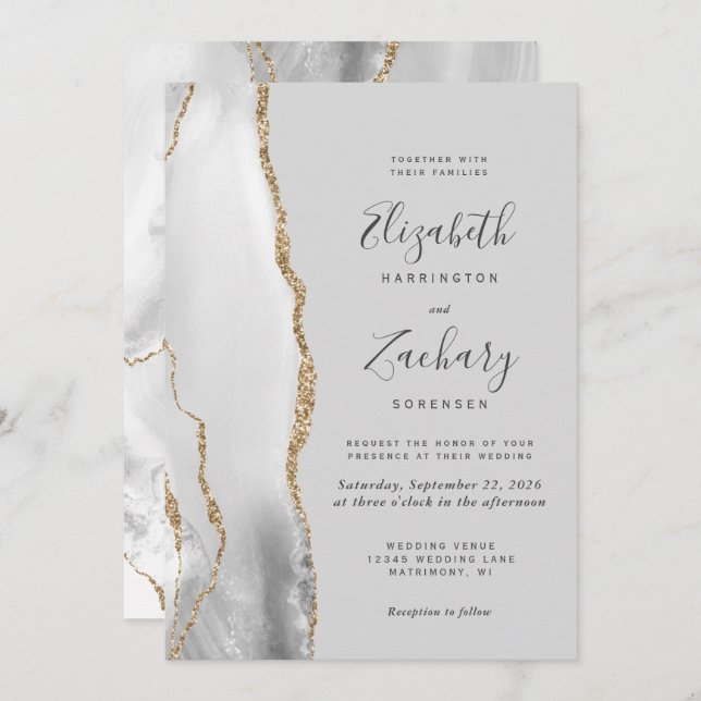 Modern Agate Light Grey Gold Wedding Invitation (Front/Back)