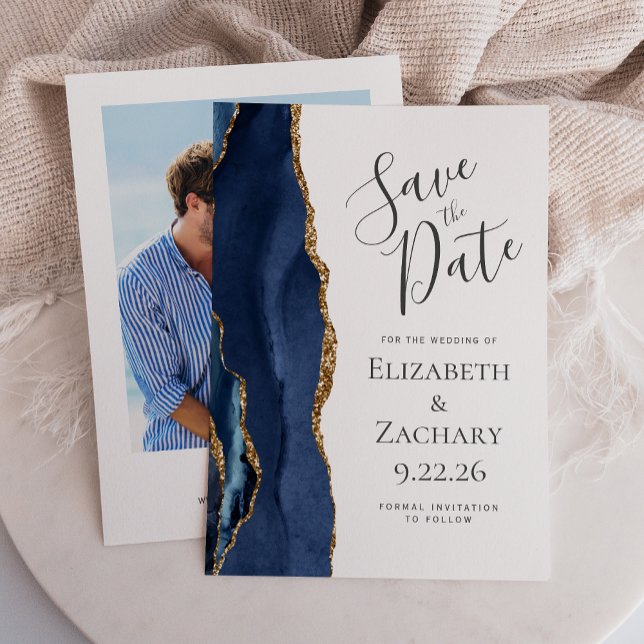 Modern Agate Navy Blue Gold Photo Save the Date Invitation (Creator Uploaded)