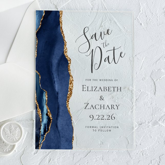 Modern Agate Navy Blue Gold Save the Date Card Acrylic Invitations (Creator Uploaded)