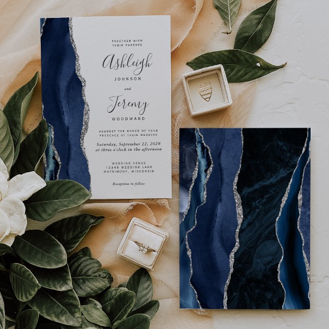 Modern Agate Navy Blue Silver Wedding Invitation (Creator Uploaded)