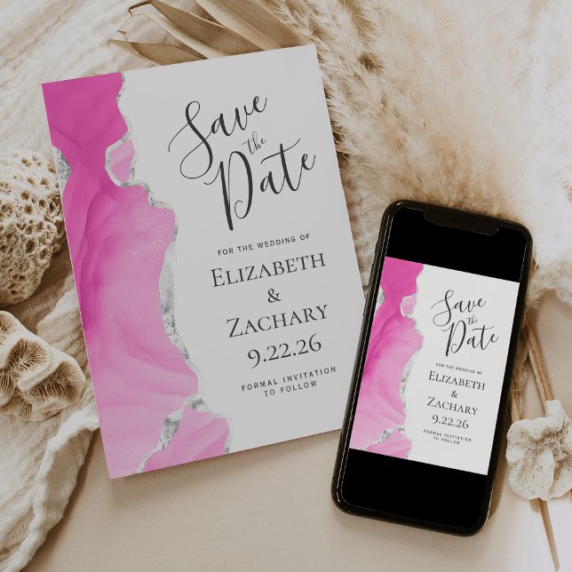 Modern Agate Pink Silver Save the Date Card (Creator Uploaded)