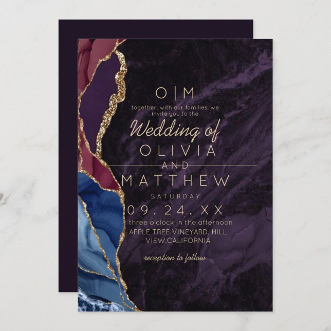 Modern Agate Purple Burgundy Blue Gold Wedding  Invitation (Front/Back)