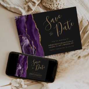 Modern Agate Purple Gold Dark Save the Date Card