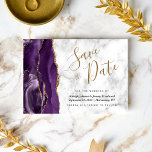 Modern Agate Purple Gold Marble Save the Date Card<br><div class="desc">This elegant modern save the date card features a purple watercolor agate border trimmed with faux gold glitter. The customisable text combines gold coloured handwriting script with black copperplate and italic fonts on a white and grey marble background. The reverse side features a matching purple and gold agate design.</div>