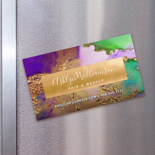 Modern agate watercolor gold purple green stylist magnetic business card