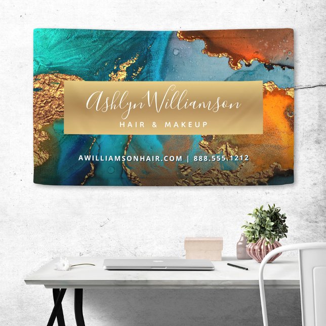 Modern agate watercolor gold turquoise hair salon banner (Creator Uploaded)
