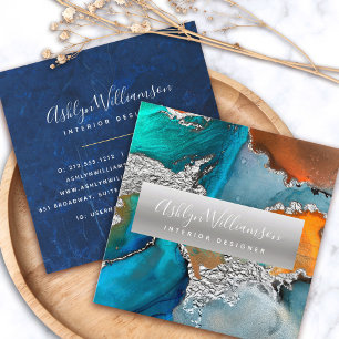 Modern agate watercolor silver turquoise script square business card